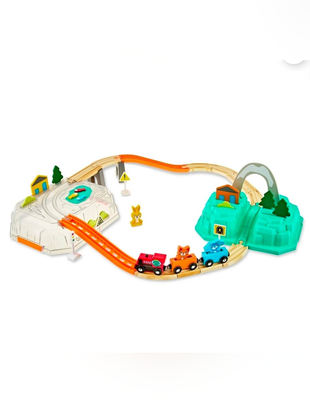 Colorful Kids Wooden Train Set with Orange Track and Multicolor Cars